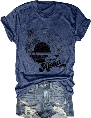 Beach Shirts for Women Summer Graphic Casual Tee Tops Short Sleeve Vacation Vintage Tshirt