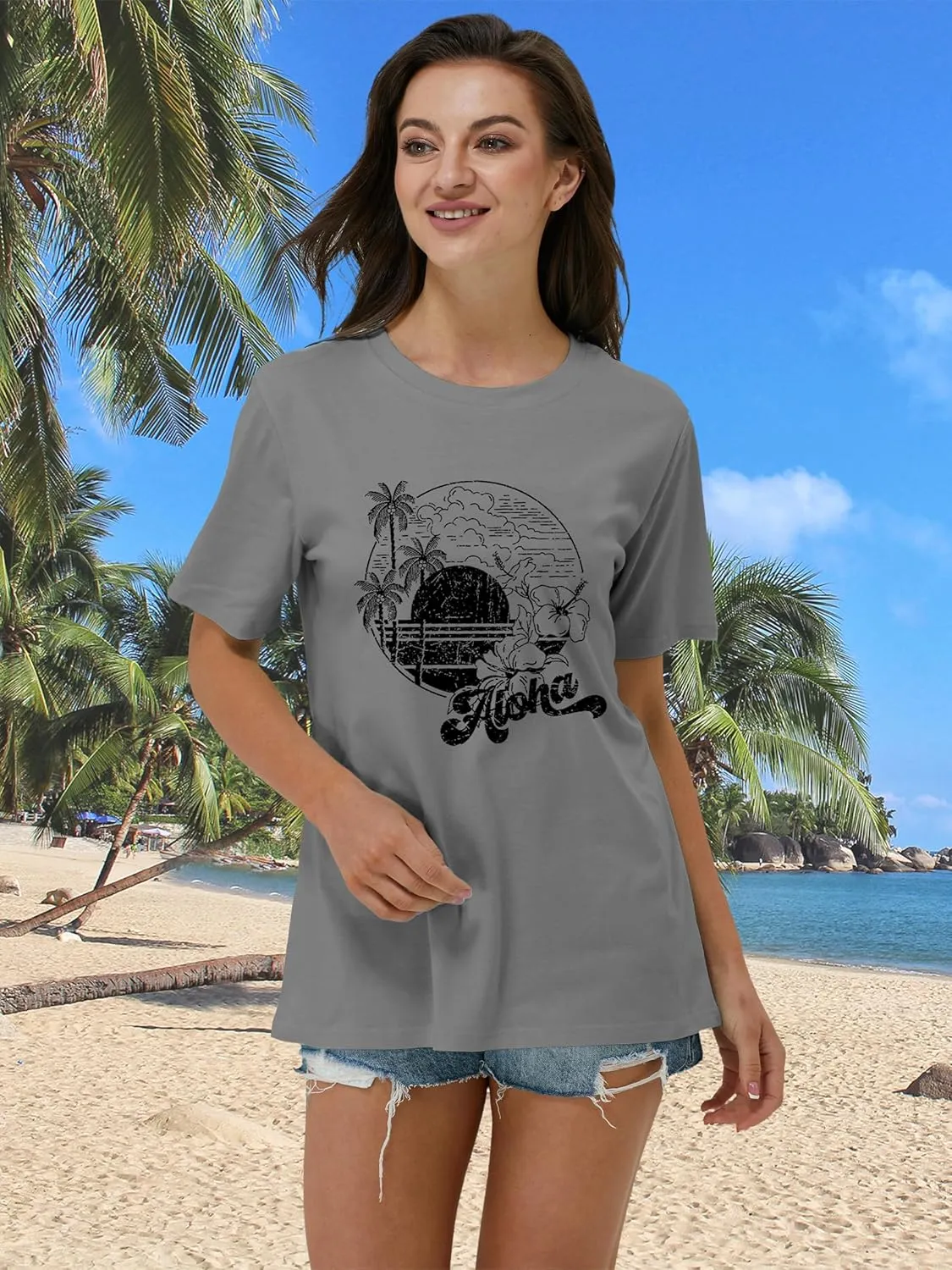 Beach Shirts for Women Summer Graphic Casual Tee Tops Short Sleeve Vacation Vintage Tshirt