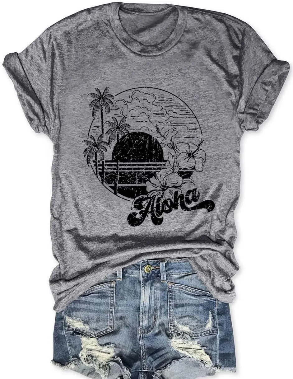Beach Shirts for Women Summer Graphic Casual Tee Tops Short Sleeve Vacation Vintage Tshirt