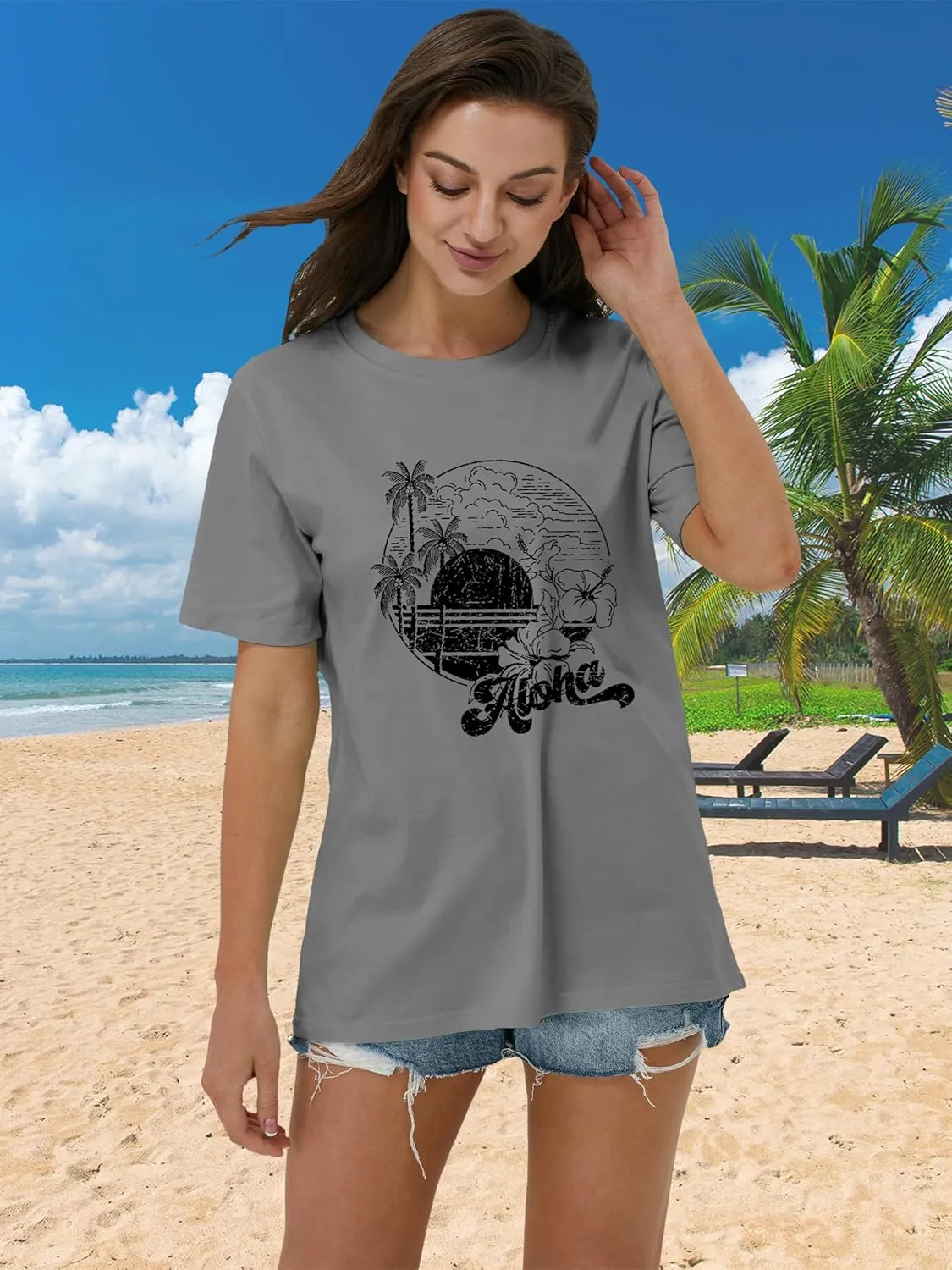 Beach Shirts for Women Summer Graphic Casual Tee Tops Short Sleeve Vacation Vintage Tshirt