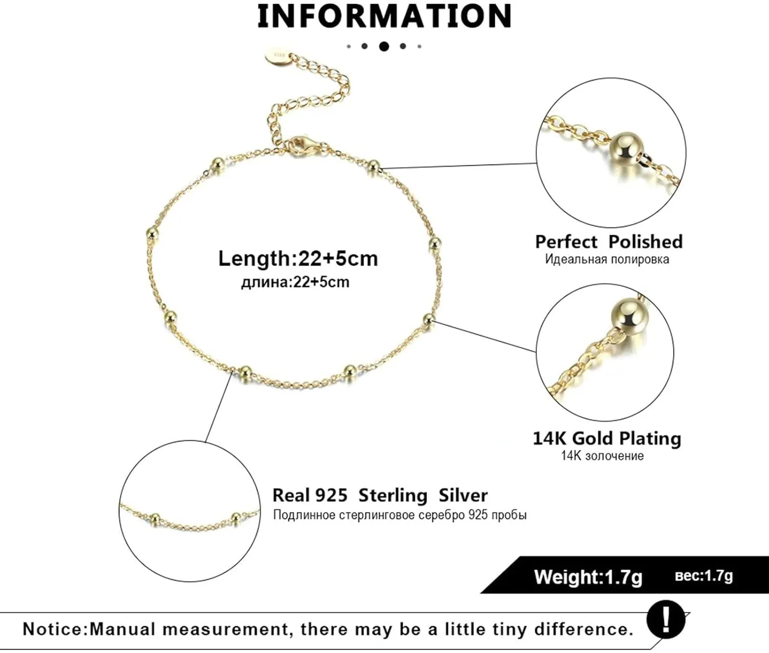 Beaded Ankle Bracelets for Women, Sterling Silver Anklet Bracelet with Beads Silver/Gold Foot Jewelry Gifts for Friend