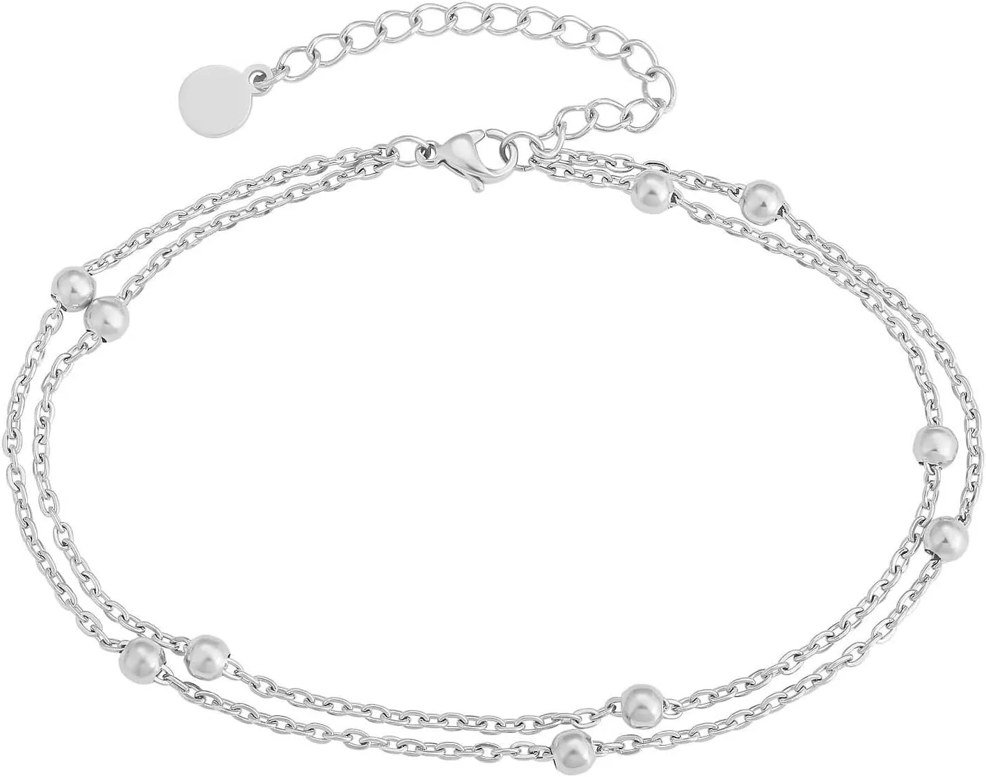 Beaded Anklets for Women, Beach Anklets Stainless Steel Double Layer Chain with Beads Silver/Gold Foot Jewelry for Vacation Party