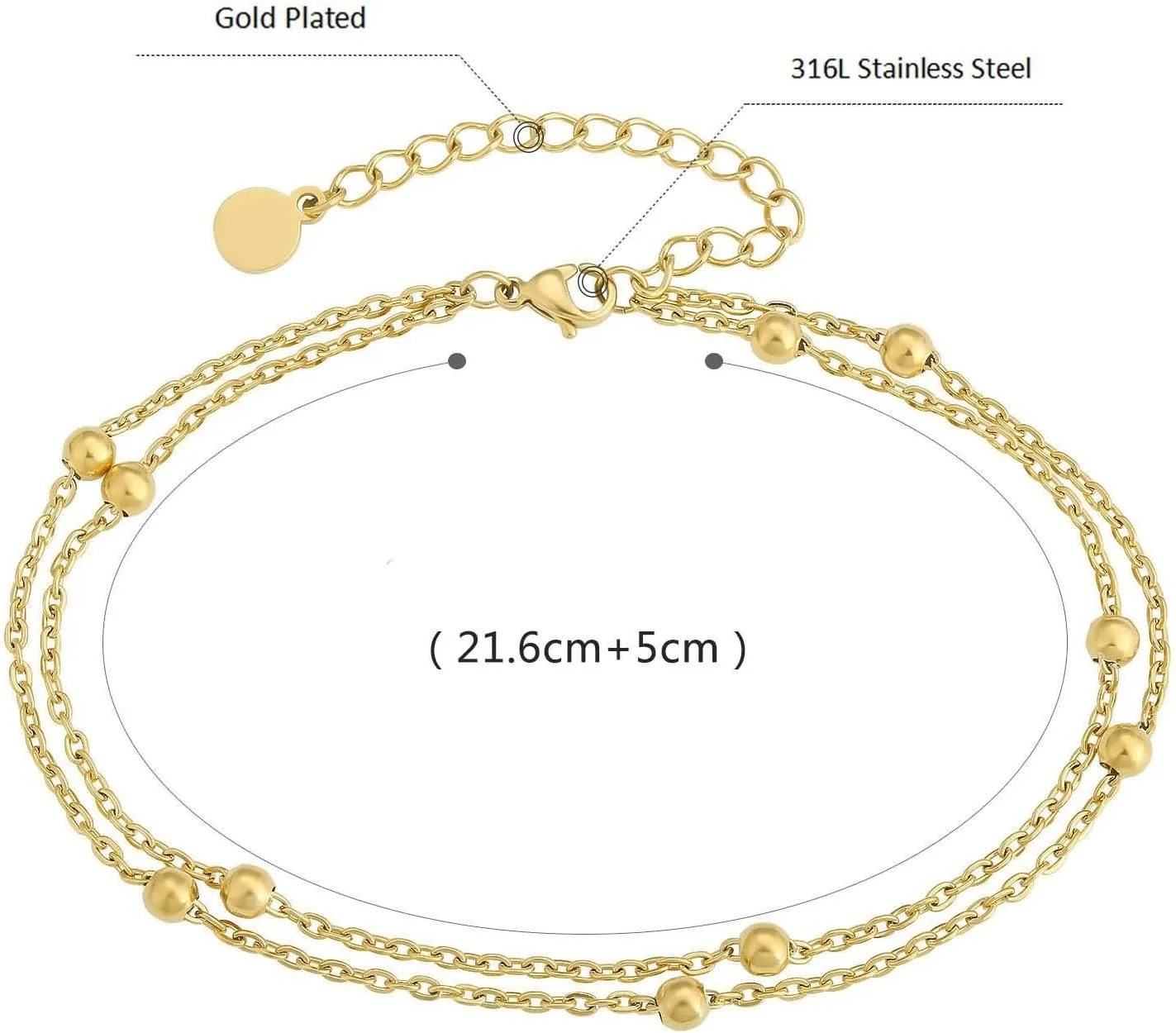 Beaded Anklets for Women, Beach Anklets Stainless Steel Double Layer Chain with Beads Silver/Gold Foot Jewelry for Vacation Party