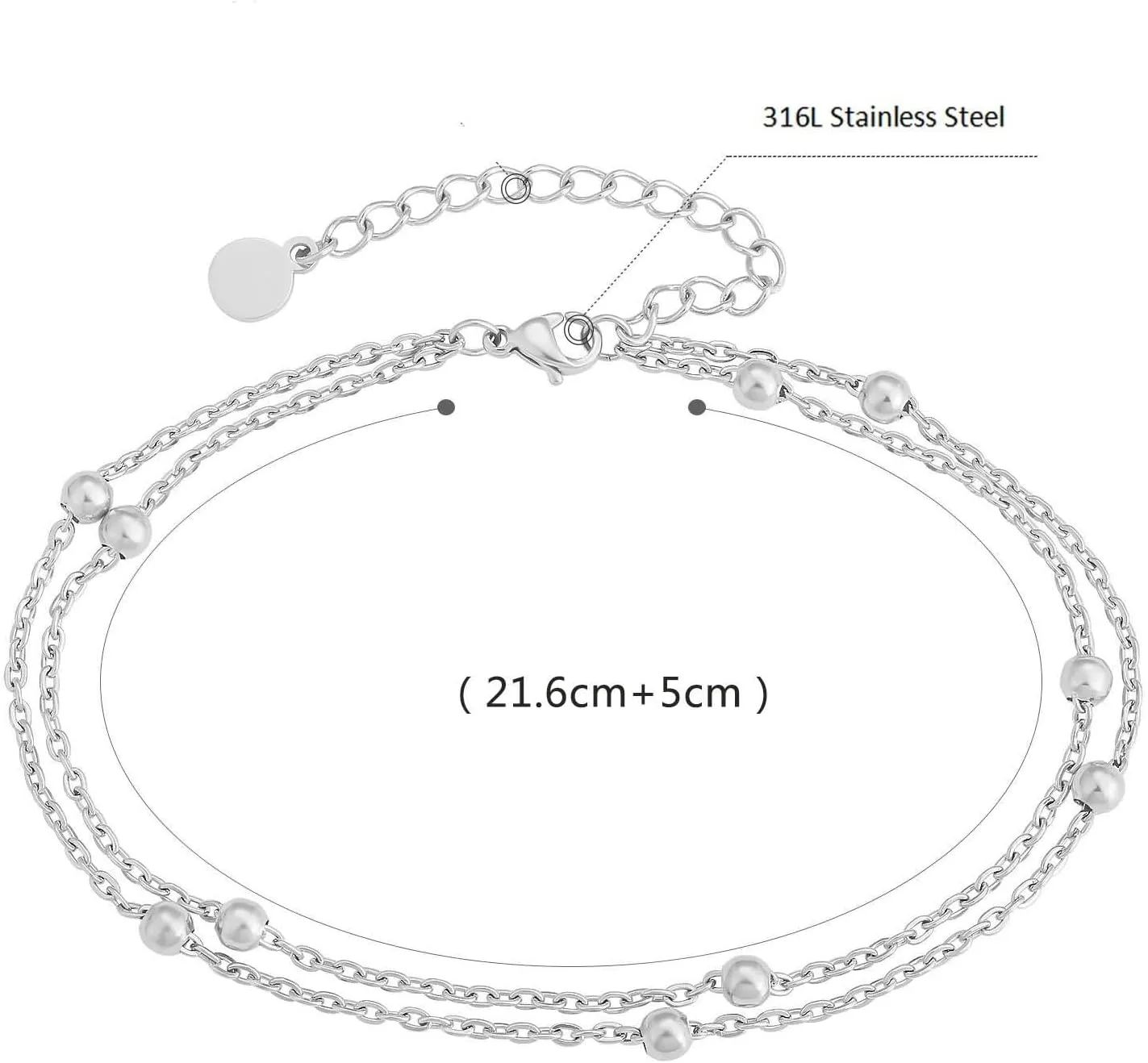 Beaded Anklets for Women, Beach Anklets Stainless Steel Double Layer Chain with Beads Silver/Gold Foot Jewelry for Vacation Party