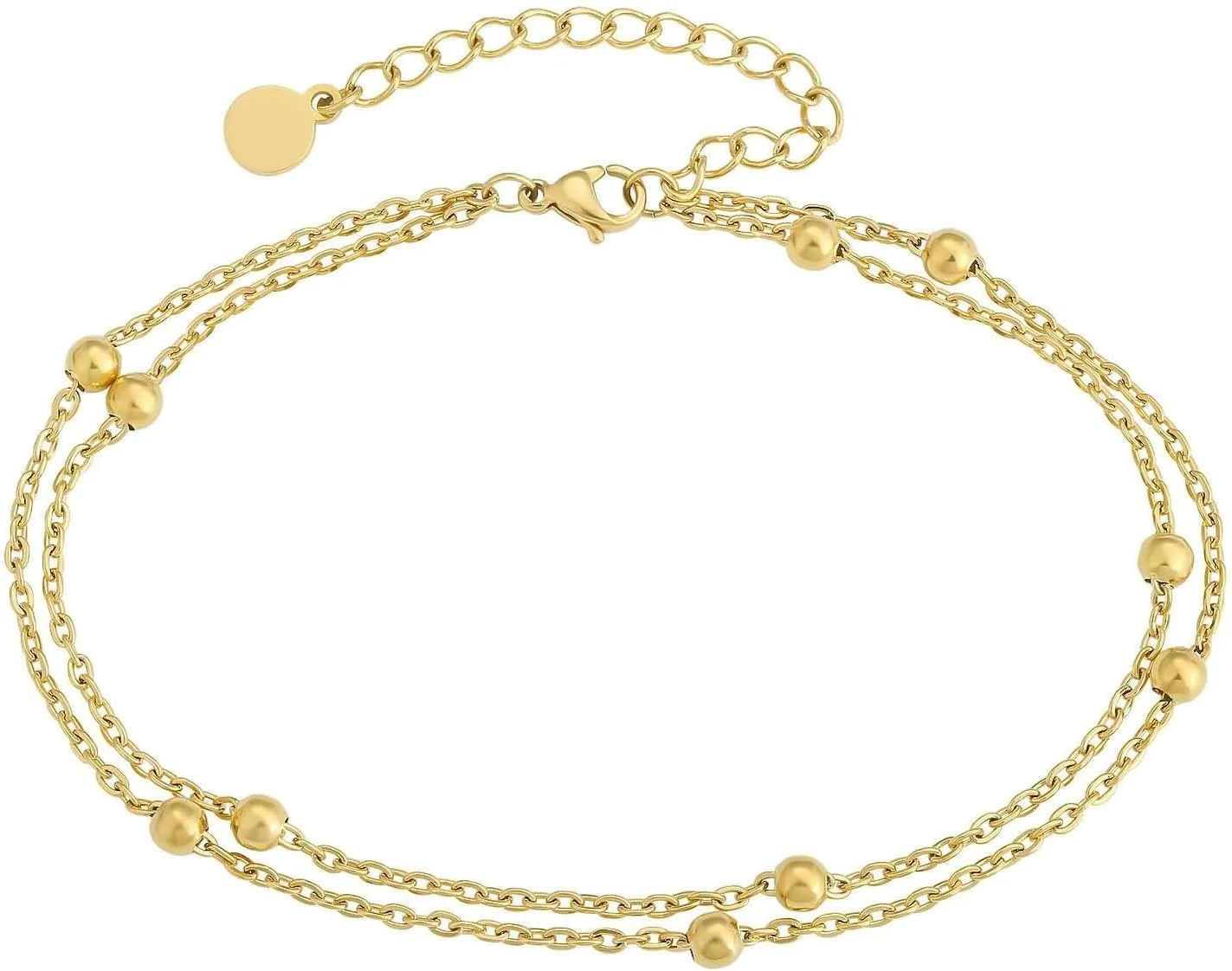 Beaded Anklets for Women, Beach Anklets Stainless Steel Double Layer Chain with Beads Silver/Gold Foot Jewelry for Vacation Party
