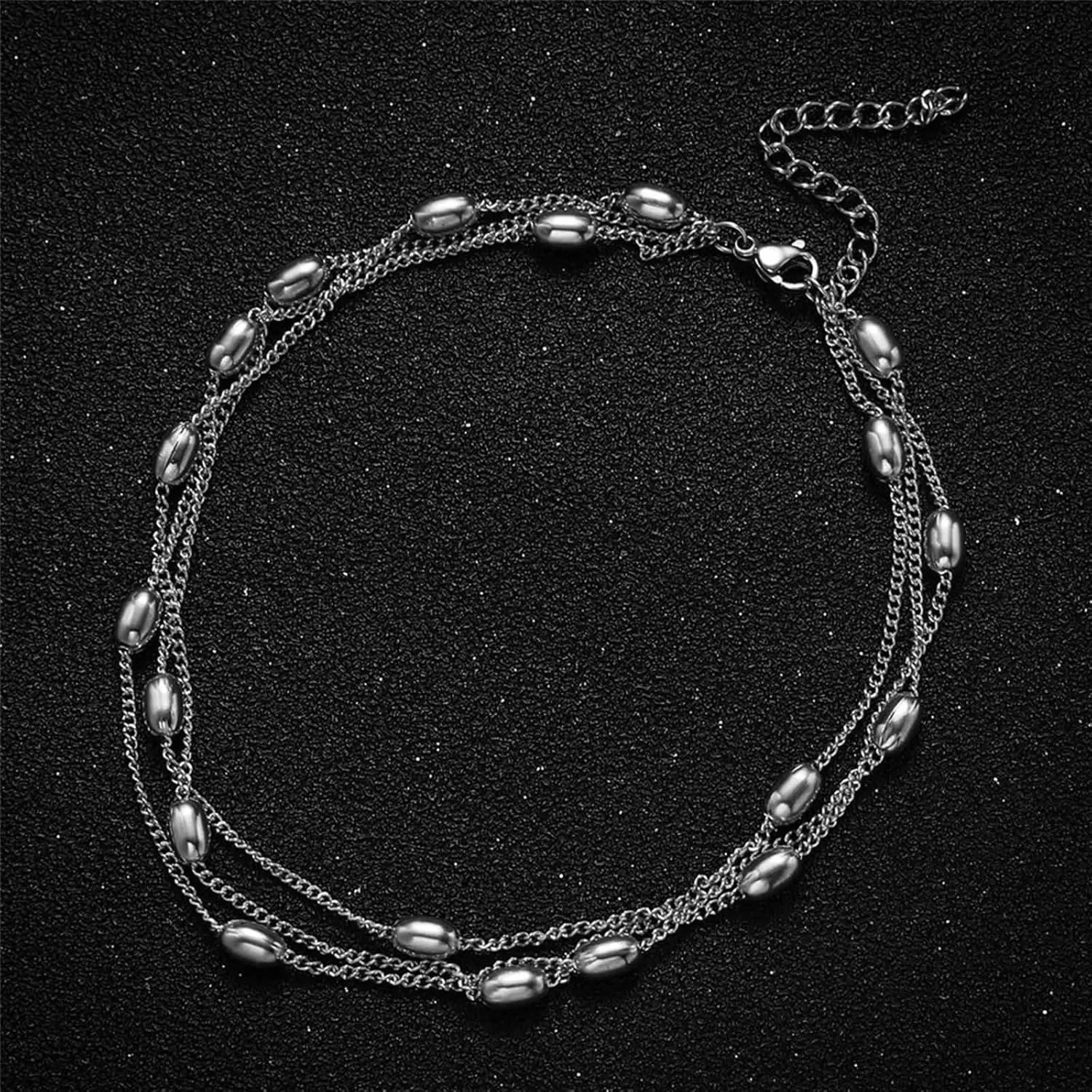Beaded Anklets for Women, Beach Vacation Anklet Stainless Steel Multi-Layer Chain Silver/Gold Foot Jewelry Gifts for Friend