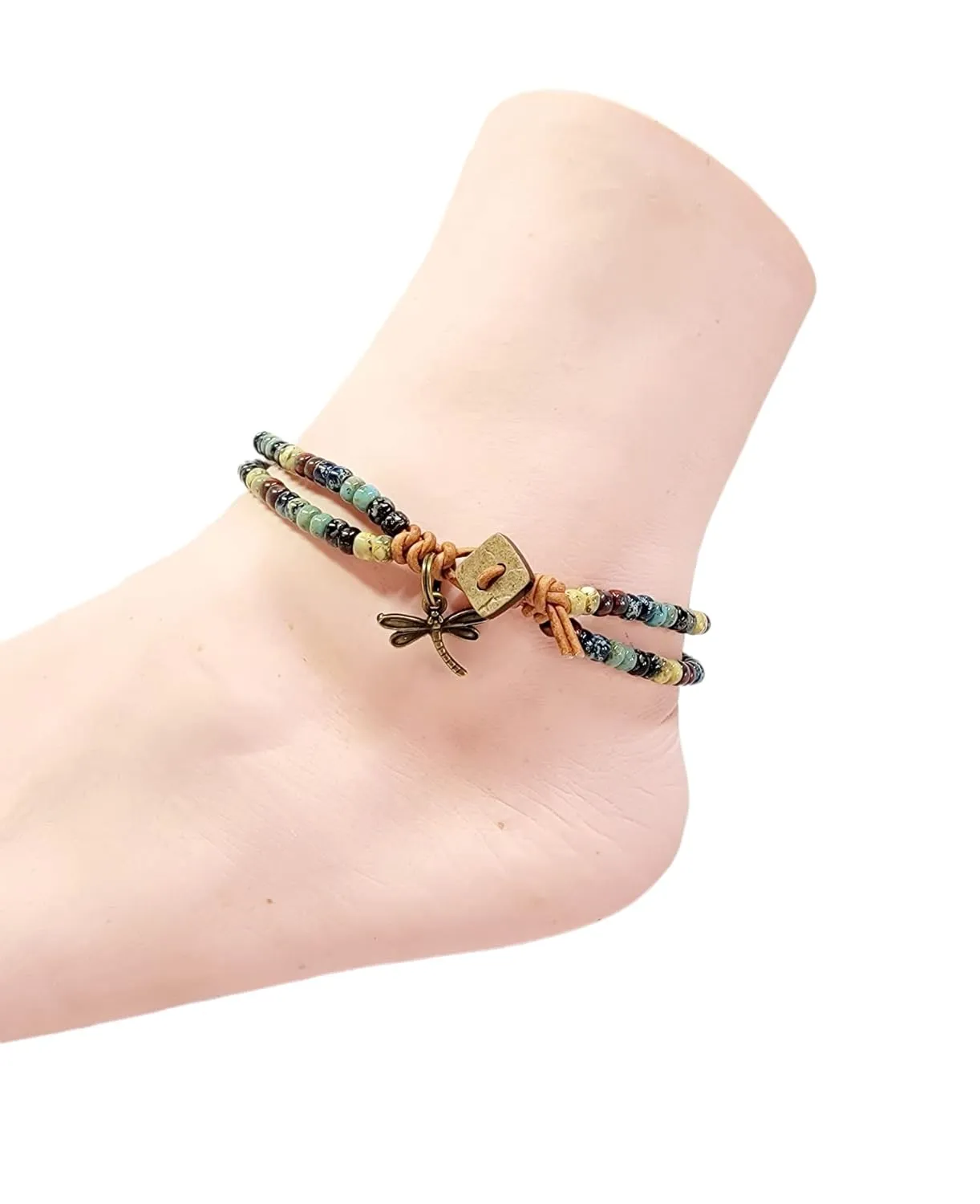 Beaded Leather Wrap Anklet Women 9 Inches