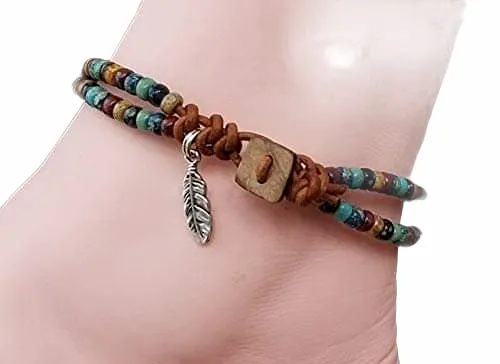 Beaded Leather Wrap Anklet Women Handmade Leather Ankle Mens Bracelet 10 Inches