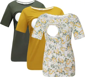 Bearsland Women's 3 Packs Maternity Nursing Tops Short Sleeve Breastfeeding Shirts