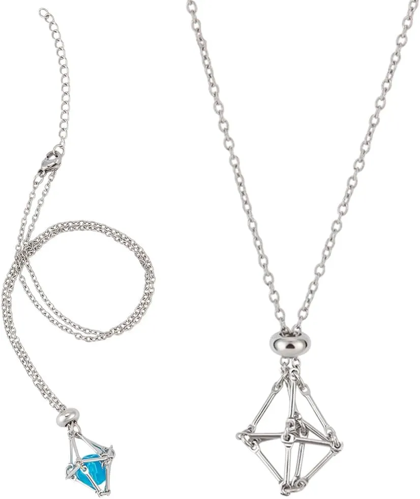 Beebeecraft 1 Box 2Pcs Crystal Holder Necklace Cage 304 Stainless Steel Adjustable Empty Stone Cage Necklaces Gemstone Jewelry Metal Empty Pendant Net for Women Men Jewelry DIY Accessories