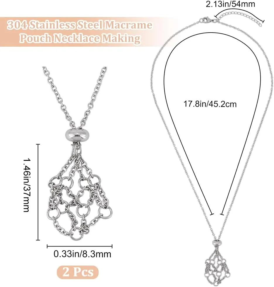 Beebeecraft 1 Box 2Pcs Crystal Stone Holder Necklace 304 Stainless Steel Cage Crystal Pendant Necklaces Adjustable Macrame Pouch Necklace (45cm/1.77in)