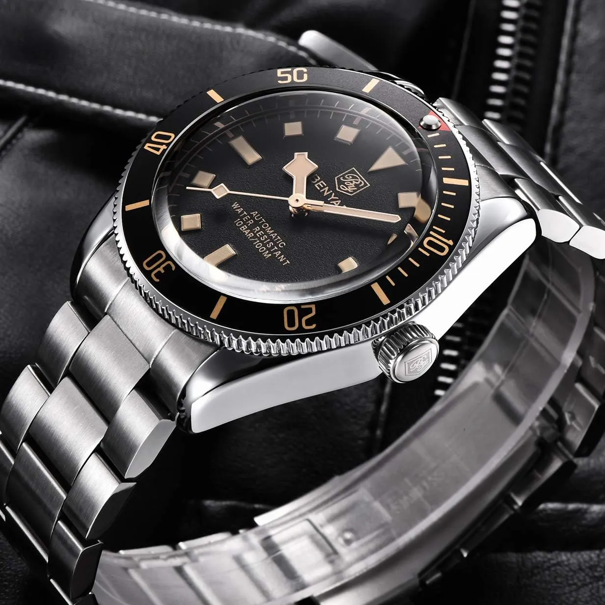BENYAR Men's Automatic Watch, Stainless Steel Belt One-way Aluminum Bezel Fashion Casual Waterproof Mechanical Watch automatic