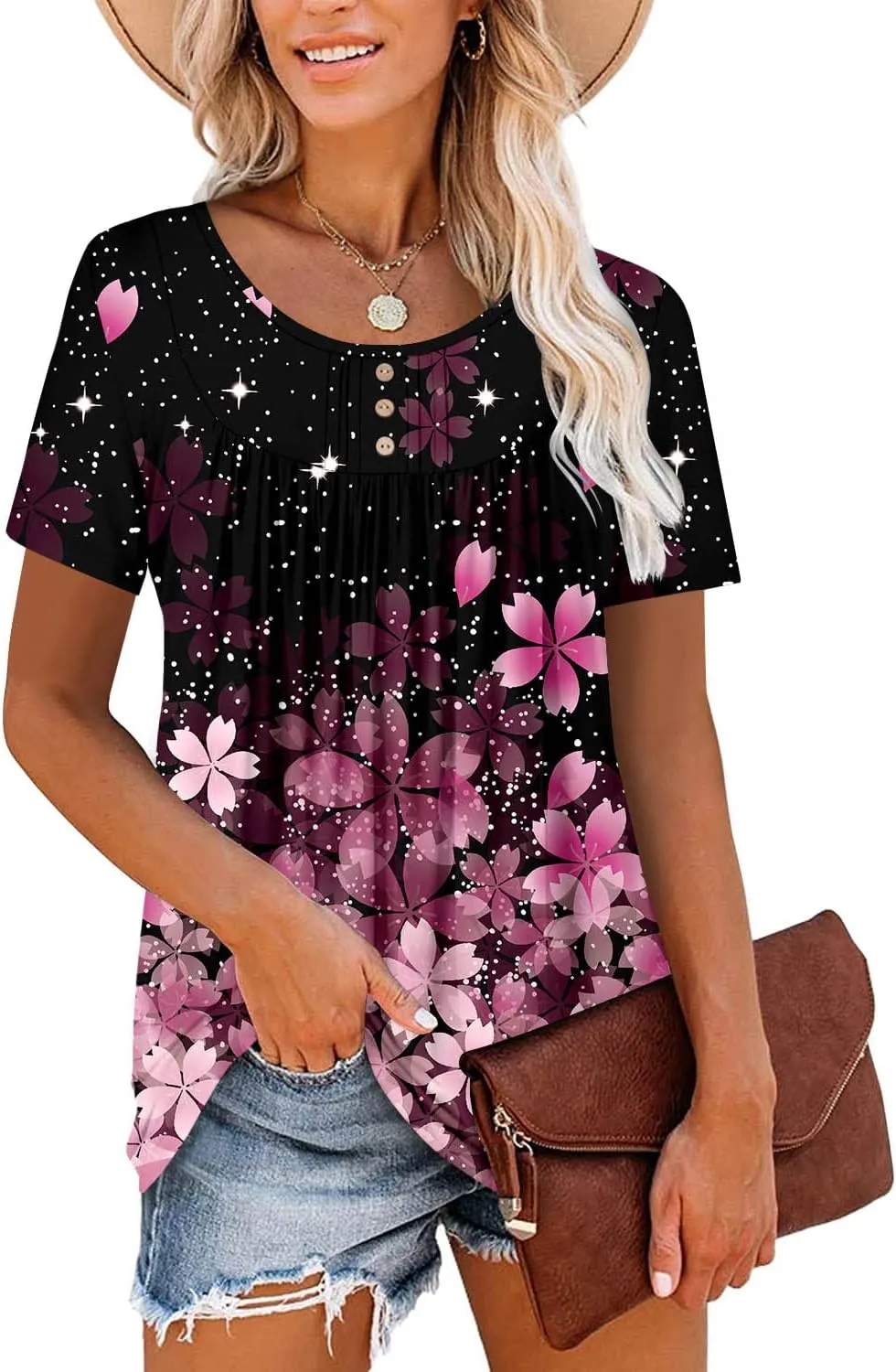 BETTE BOUTIK Women's Summer Tunic Tops Flowy Flare Botton Down Shirts Blouses S-3XL