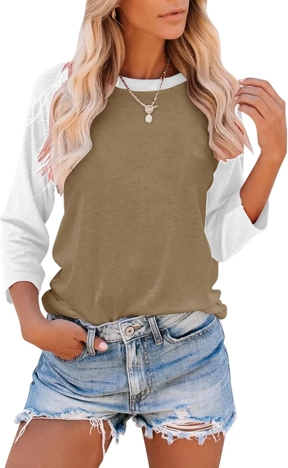 Bingerlily Women's Casual T-Shirts 3/4 Sleeve Color Block Cute Tops Comfy Blouses