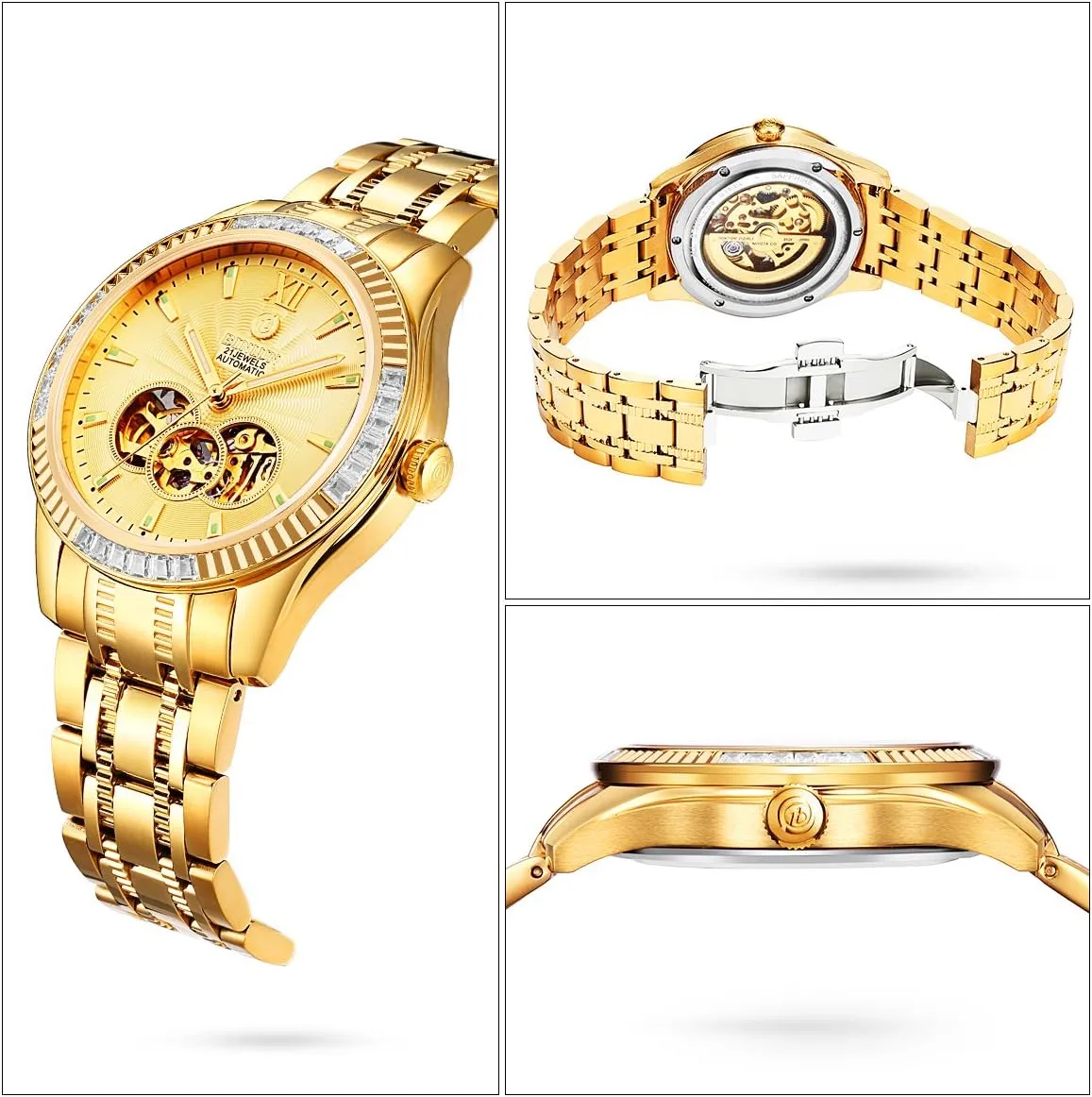 BINLUN Men's Automatic Gold Watches 18K Gold Plated Diamond Mechanical Watch Waterproof Stainless Steel Skeleton Wrist Watch for Men