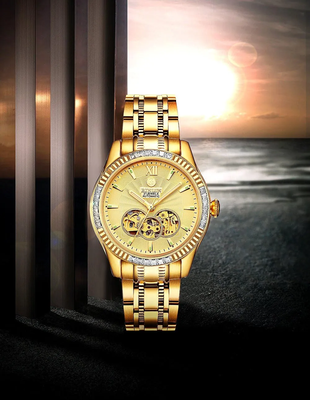 BINLUN Men's Automatic Gold Watches 18K Gold Plated Diamond Mechanical Watch Waterproof Stainless Steel Skeleton Wrist Watch for Men