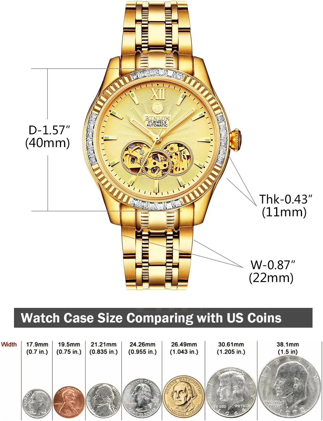 BINLUN Men's Automatic Gold Watches 18K Gold Plated Diamond Mechanical Watch Waterproof Stainless Steel Skeleton Wrist Watch for Men
