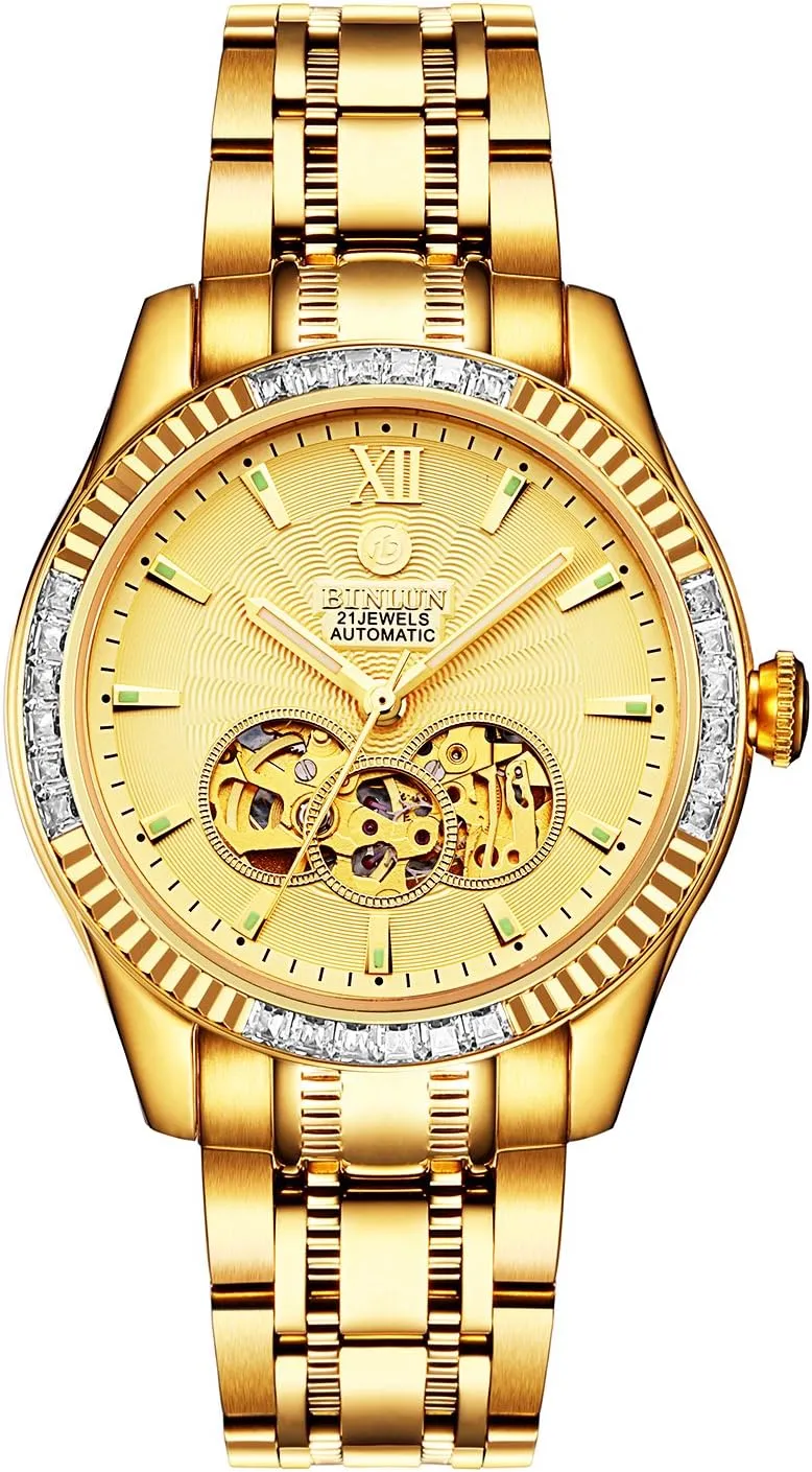 BINLUN Men's Automatic Gold Watches 18K Gold Plated Diamond Mechanical Watch Waterproof Stainless Steel Skeleton Wrist Watch for Men