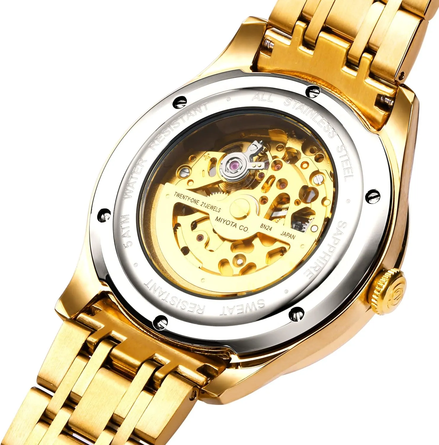 BINLUN Men's Automatic Gold Watches 18K Gold Plated Diamond Mechanical Watch Waterproof Stainless Steel Skeleton Wrist Watch for Men