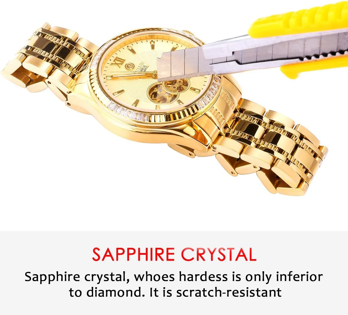 BINLUN Men's Automatic Gold Watches 18K Gold Plated Diamond Mechanical Watch Waterproof Stainless Steel Skeleton Wrist Watch for Men