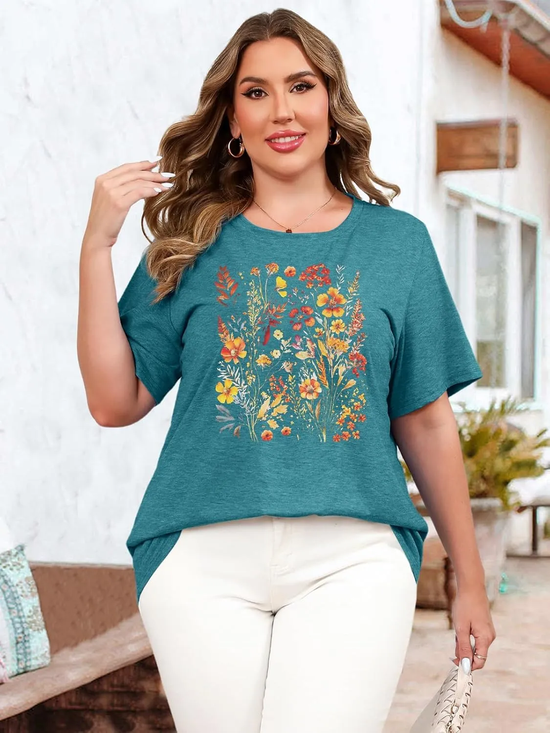 Binshre Plus Size Tops for Women Cute Graphic Tees Loose Fit Flower Printing Short Sleeve Crew Neck T Shirts