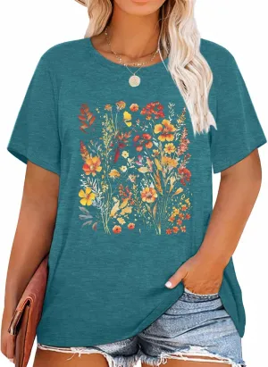 Binshre Plus Size Tops for Women Cute Graphic Tees Loose Fit Flower Printing Short Sleeve Crew Neck T Shirts