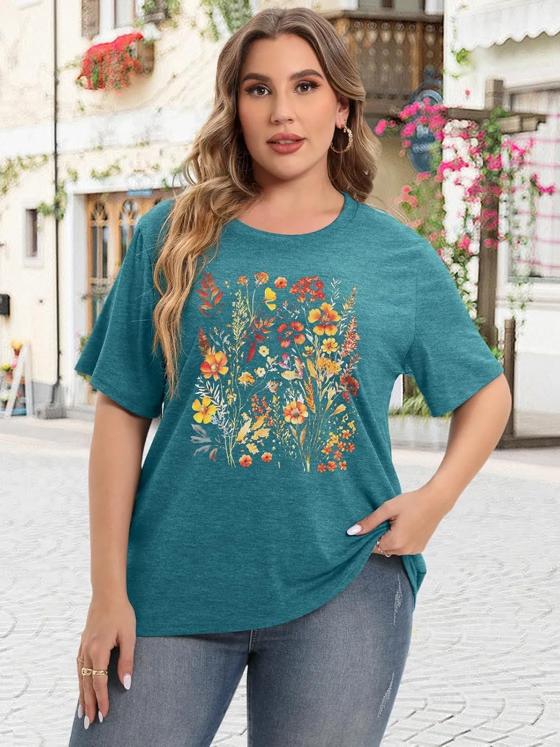Binshre Plus Size Tops for Women Cute Graphic Tees Loose Fit Flower Printing Short Sleeve Crew Neck T Shirts