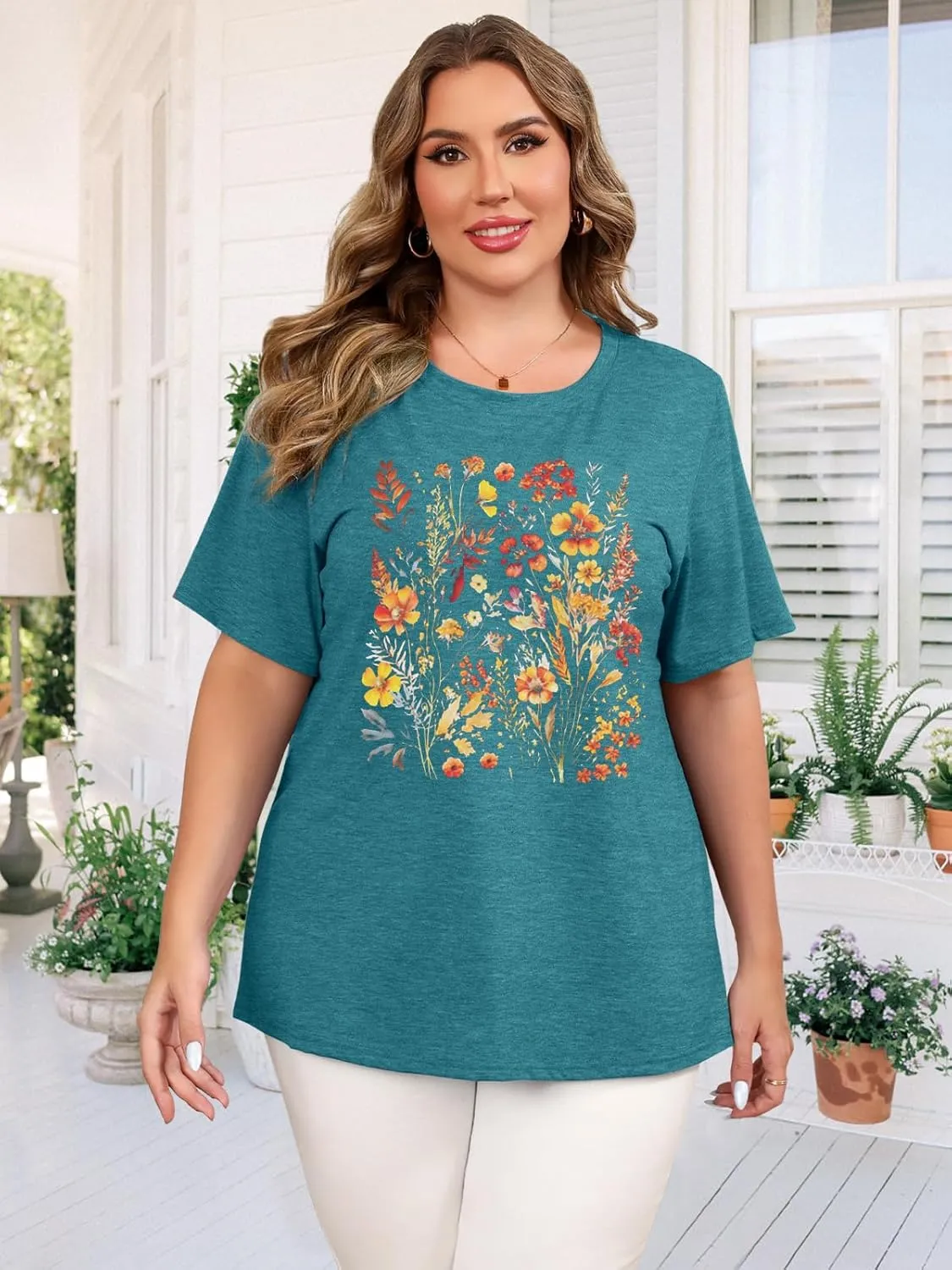 Binshre Plus Size Tops for Women Cute Graphic Tees Loose Fit Flower Printing Short Sleeve Crew Neck T Shirts