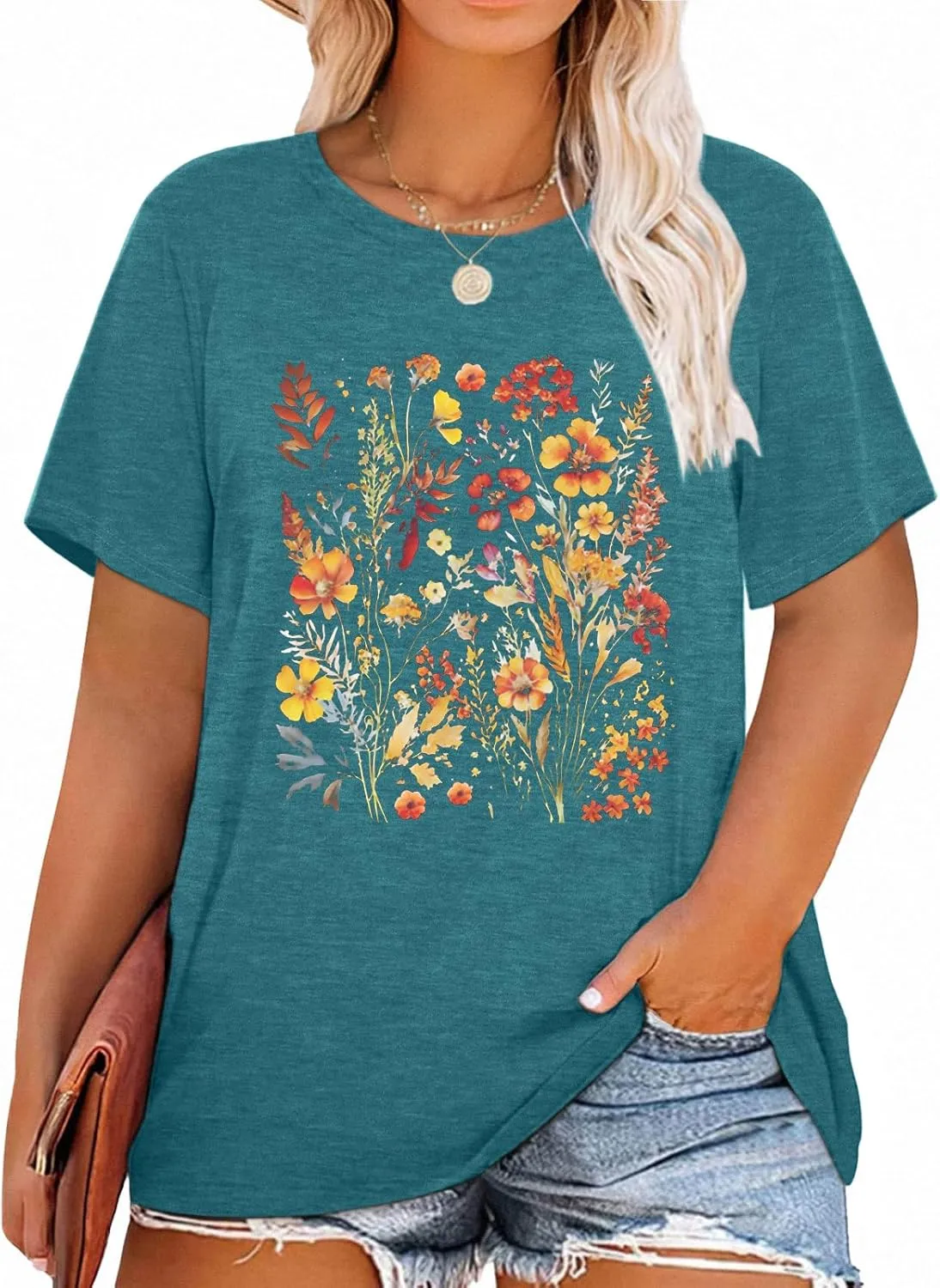 Binshre Plus Size Tops for Women Cute Graphic Tees Loose Fit Flower Printing Short Sleeve Crew Neck T Shirts