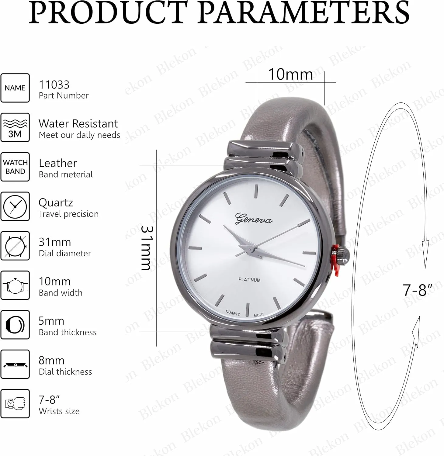 Blekon Collections Women's Analog Quartz 31mm Case Round Sparkling Designed Leather Cuff Bangle Ladies Wrist Watch