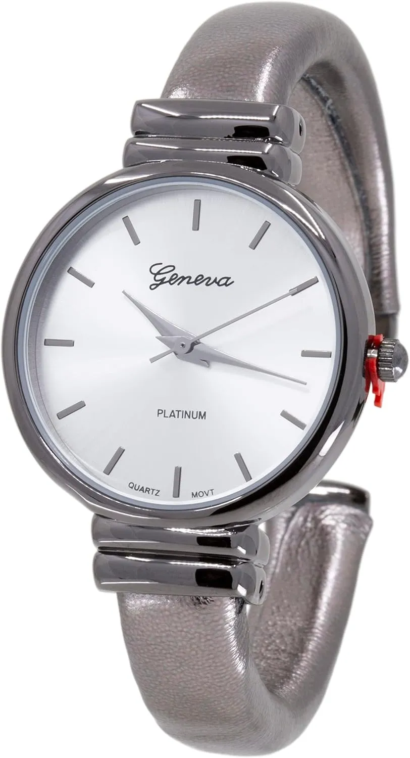 Blekon Collections Women's Analog Quartz 31mm Case Round Sparkling Designed Leather Cuff Bangle Ladies Wrist Watch