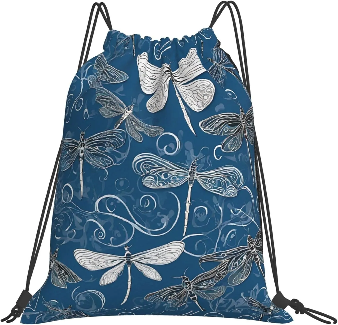 (Blue Dragonfly) Drawstring Backpack Drawstring Gym Bag Foldable Water Drawstring Bags Draw String Back Bag For Shopping Sport Yoga Travel, Swimming, Beach