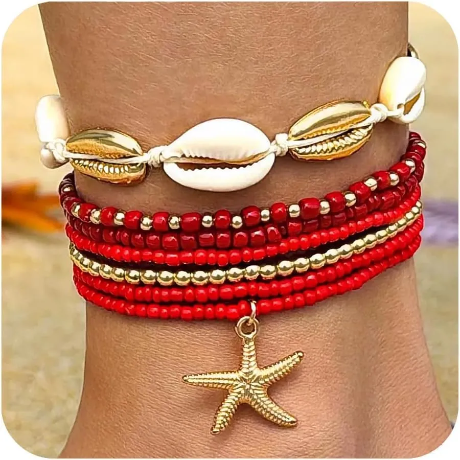 Bohemian 7 PCS Colorful Beaded Seashell Starfish Anklet Set Beach Inspired Foot Jewelry for Women Summer Ankle Bracelets Adjustable Ankle Accessories