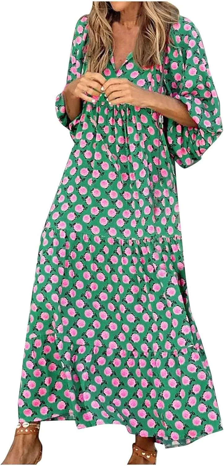 Boho Dresses for Women Summer Puff Half Sleeve V Neck Beach Vacation Dresses Casual Flowy Tiered Sundress Maxi Dress