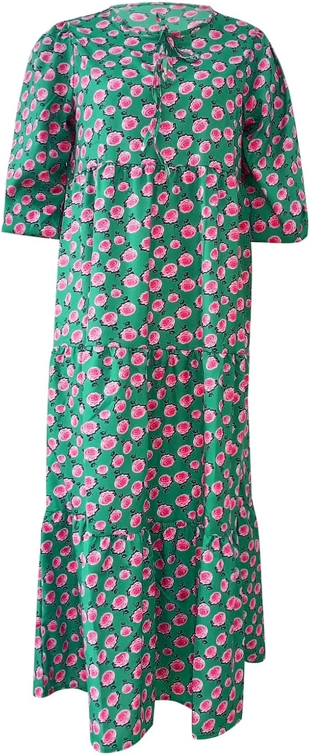 Boho Dresses for Women Summer Puff Half Sleeve V Neck Beach Vacation Dresses Casual Flowy Tiered Sundress Maxi Dress