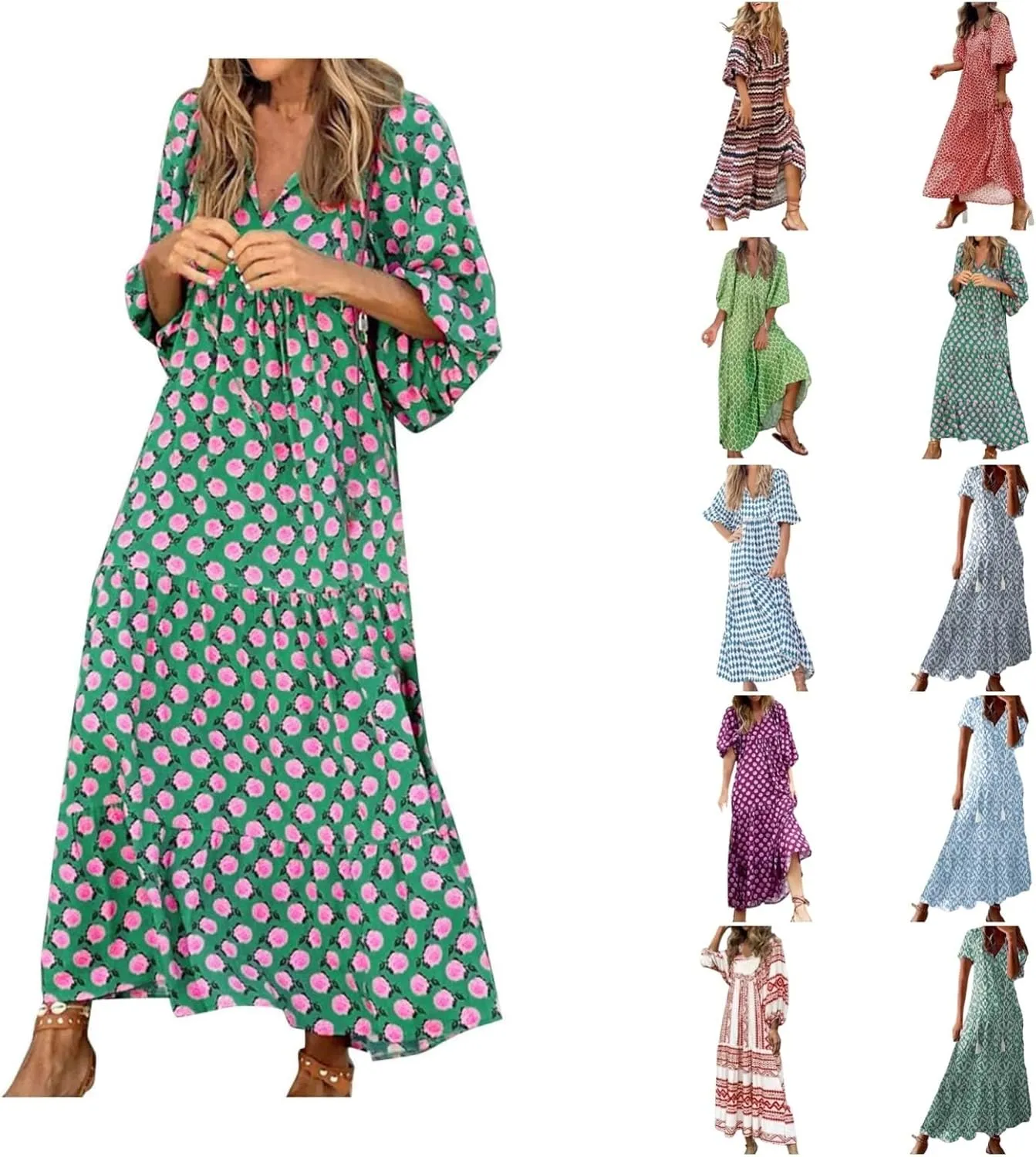 Boho Dresses for Women Summer Puff Half Sleeve V Neck Beach Vacation Dresses Casual Flowy Tiered Sundress Maxi Dress