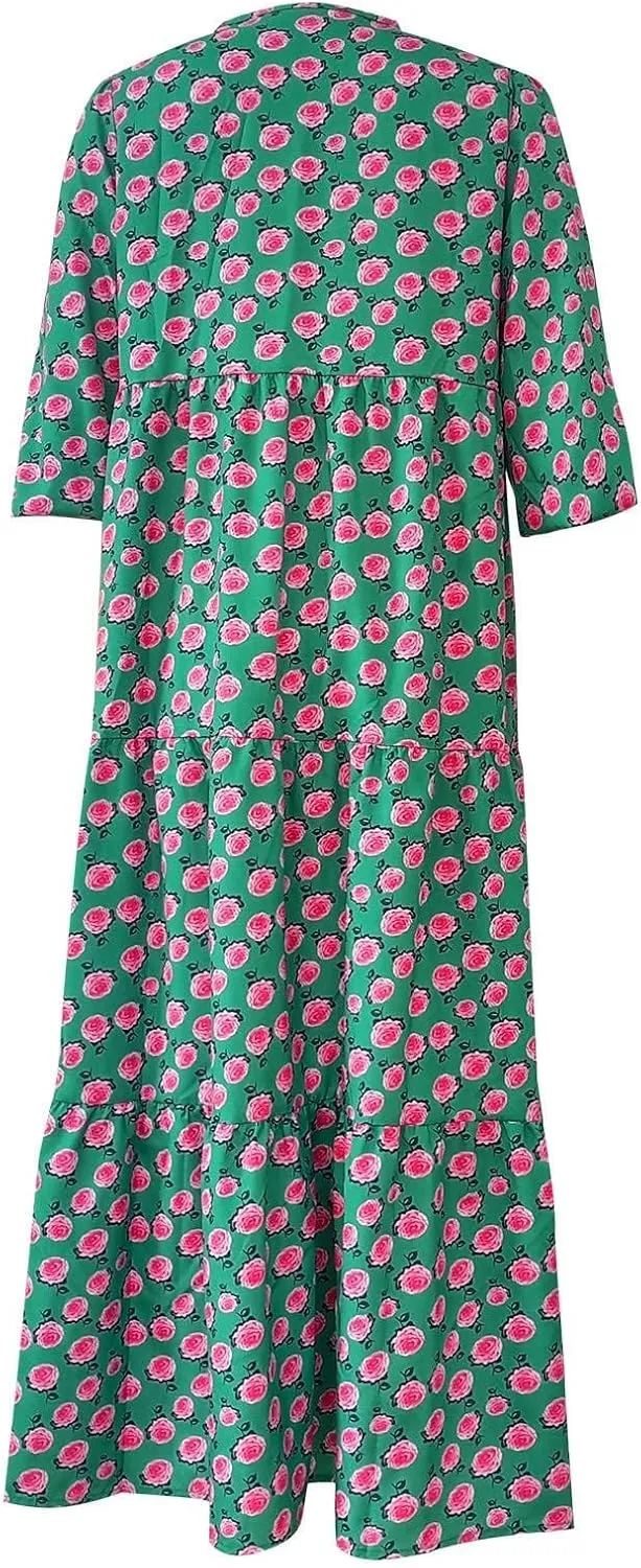 Boho Dresses for Women Summer Puff Half Sleeve V Neck Beach Vacation Dresses Casual Flowy Tiered Sundress Maxi Dress