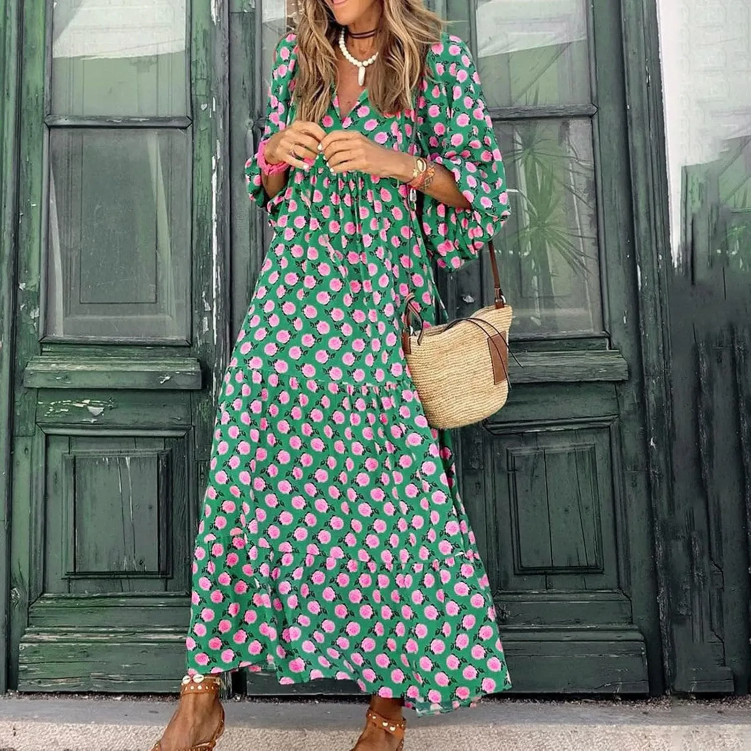 Boho Dresses for Women Summer Puff Half Sleeve V Neck Beach Vacation Dresses Casual Flowy Tiered Sundress Maxi Dress