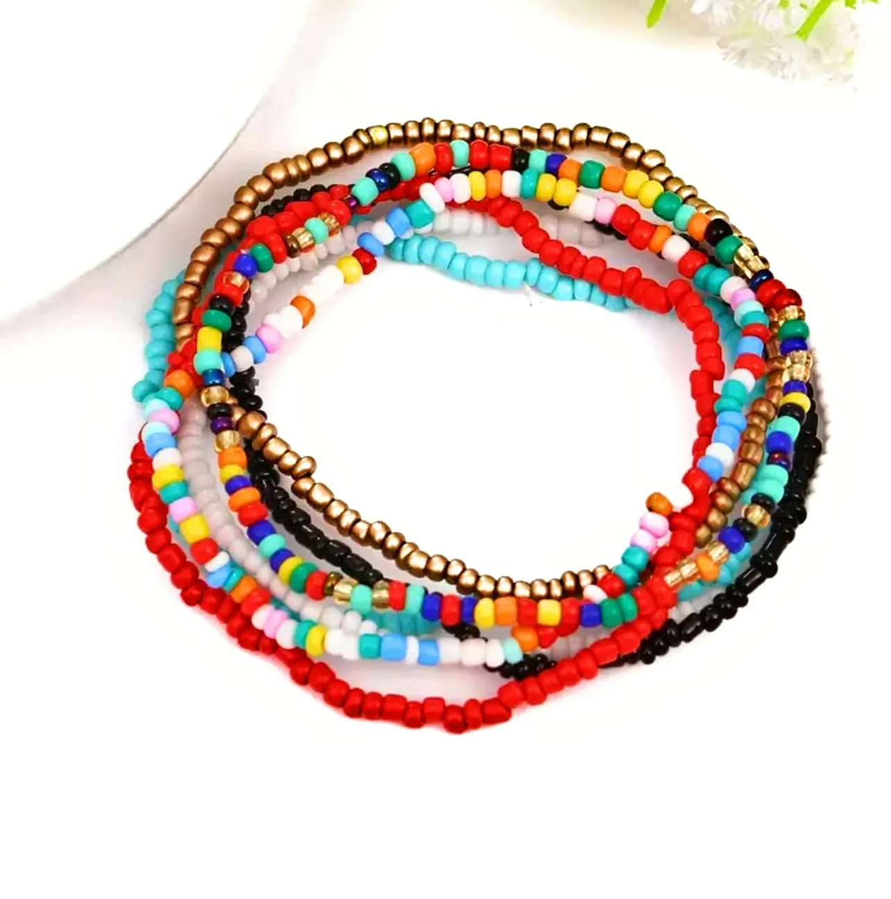 Boho Handmade Beaded African Anklets Multicolor Women Stretch Seed Beads Rainbow Ankle Bracelet Glass Beads Bracelet Foot and Hand Chain Jewelry(7PCS)