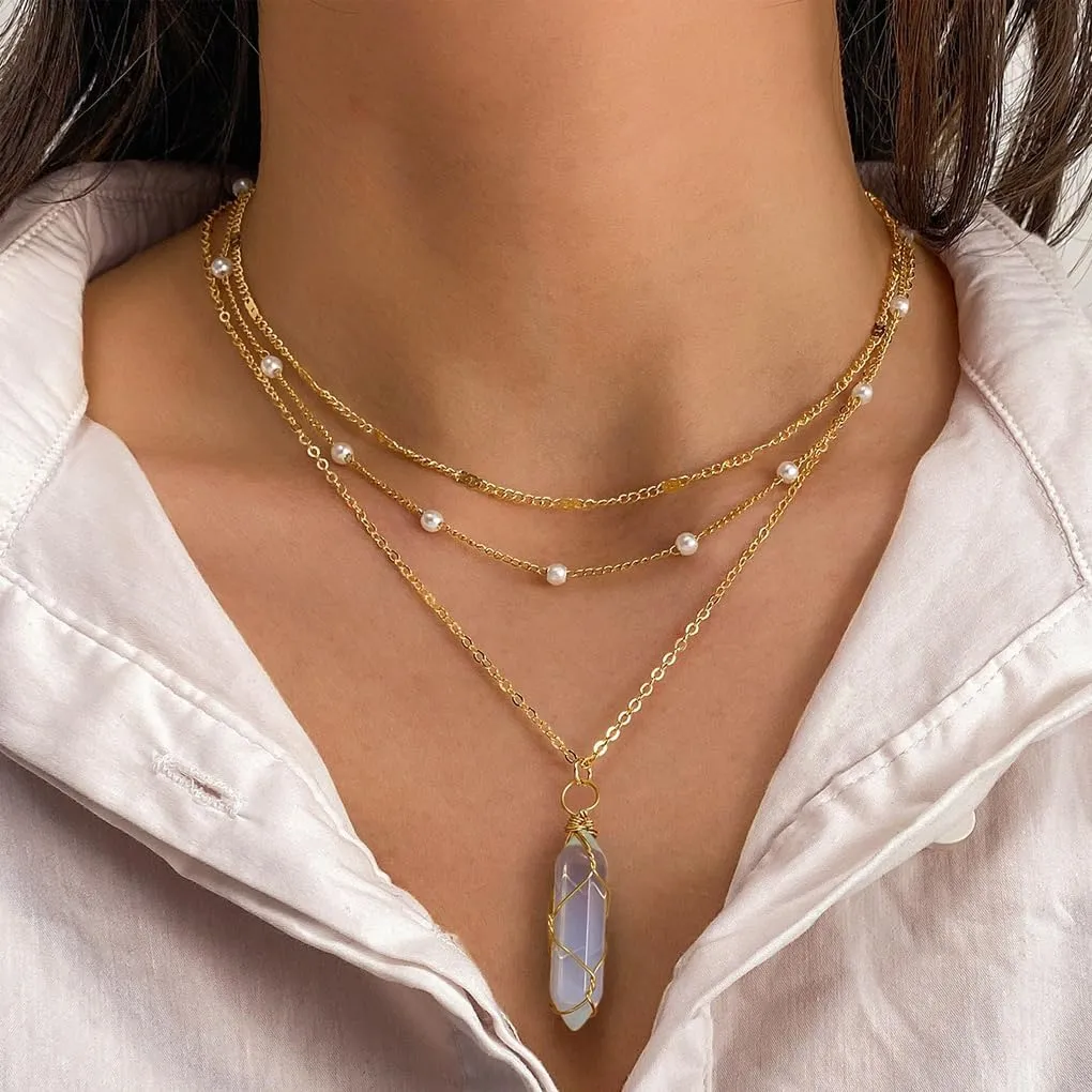 Boho Natural Stone Necklaces for Women Layered Pearl Turquoise Pendant Necklaces Wire Wrapped Crystal Chain Necklace Trendy Birthday Jewelry Gifts