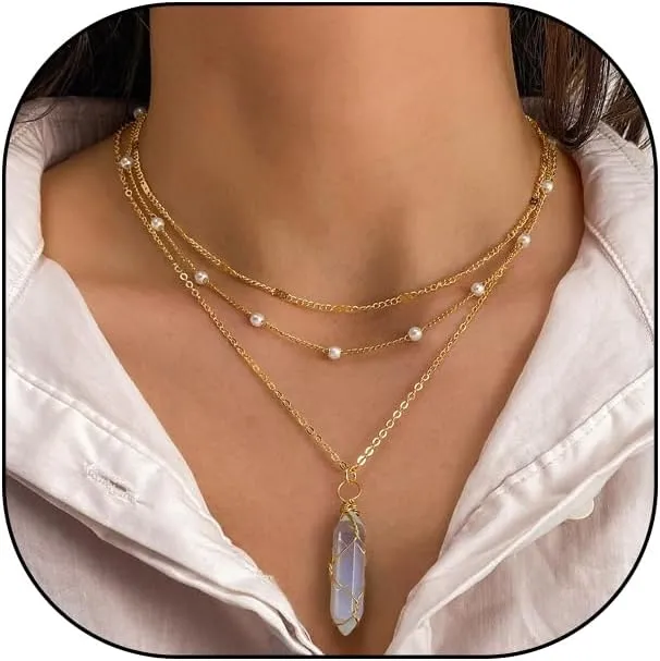 Boho Natural Stone Necklaces for Women Layered Pearl Turquoise Pendant Necklaces Wire Wrapped Crystal Chain Necklace Trendy Birthday Jewelry Gifts