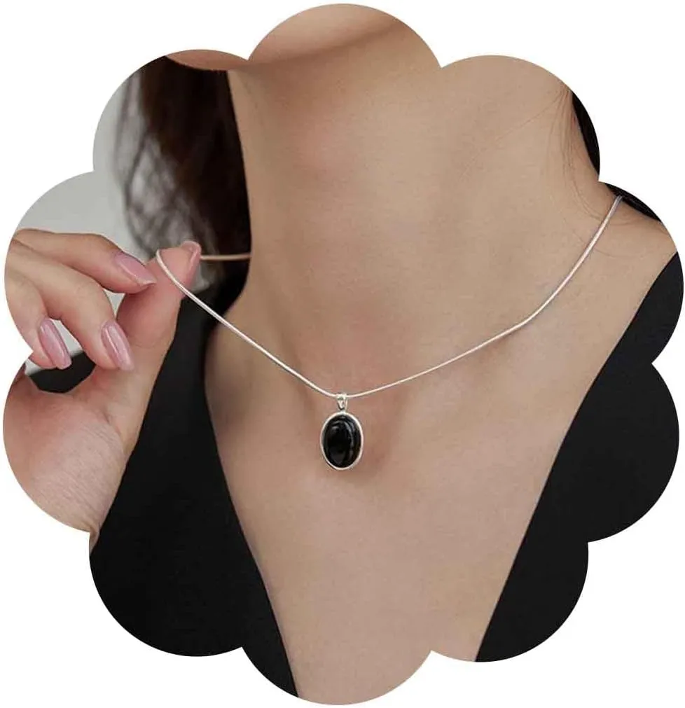 Boho Oval Onyx Necklace Choker Black Gemstone Pendant Necklaces Onyx Gemstone Necklace Silver Black Onyx Stone Necklaces Jewelry for Women