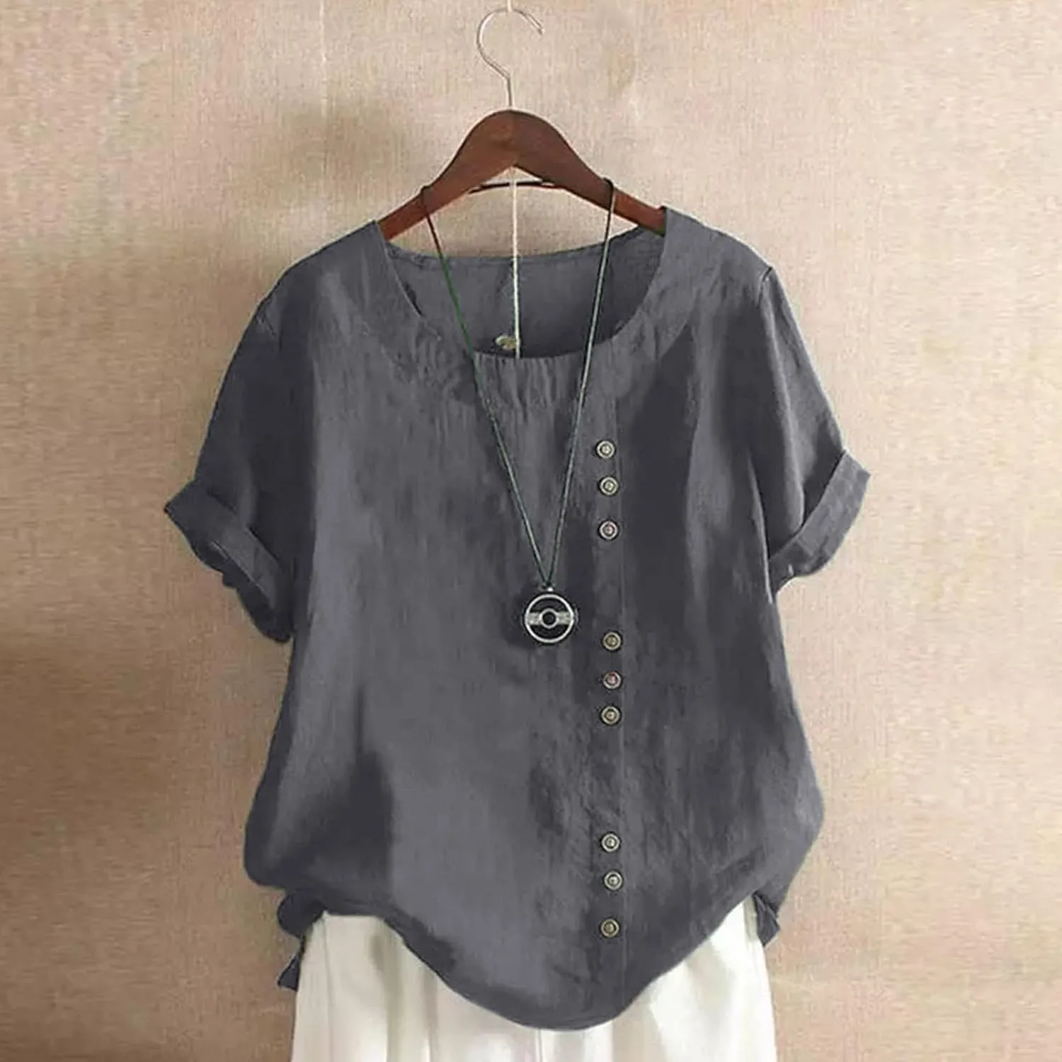 Boho Tops for Women Summer Cotton Linen Shirts Casual Round Neck Blouse Short Sleeve T-Shirt Vacation Outfits