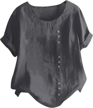 Boho Tops for Women Summer Cotton Linen Shirts Casual Round Neck Blouse Short Sleeve T-Shirt Vacation Outfits