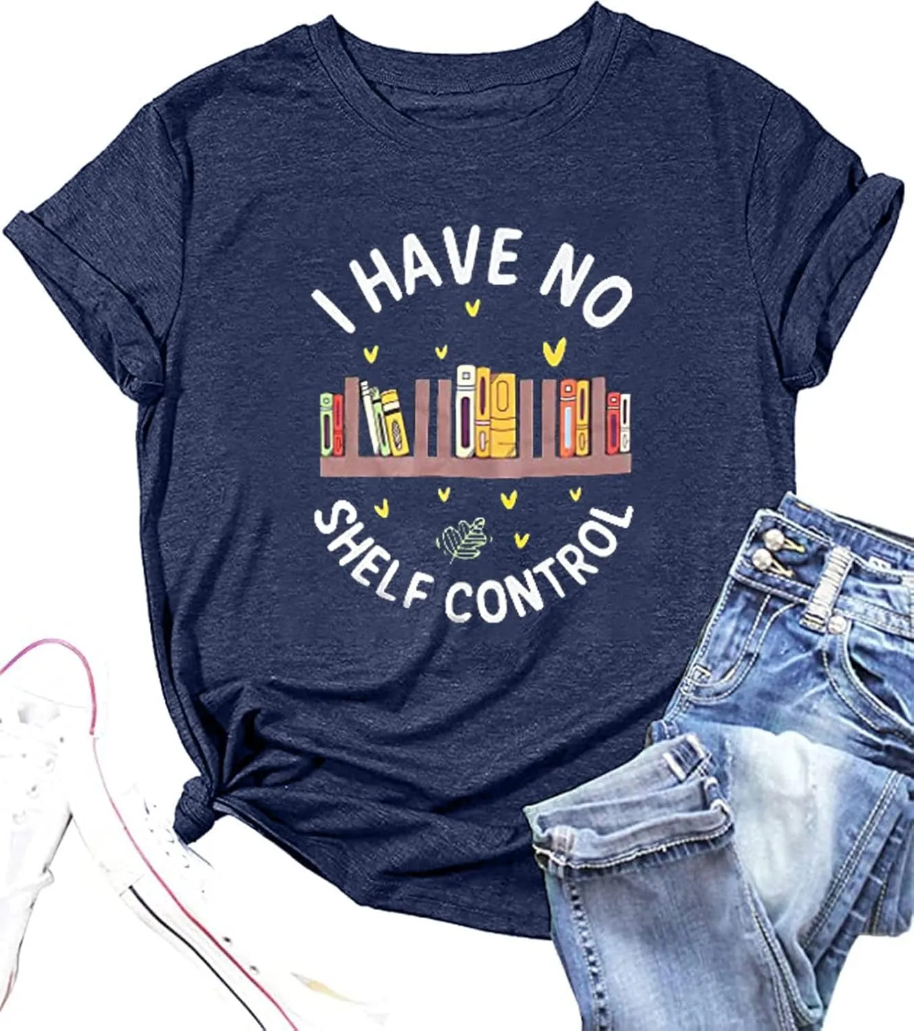 Book Lovers T-Shirt Women I Have No Shelf Control Graphic Tee Reading Shirt Cute Book Lover Gift Teacher Shirts