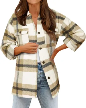 BTFBM Women's Long Sleeve Button Down Jackets Plaid Flannel Shirts Tops Casual Lapel V Neck Oversized Shackets Blouses Top