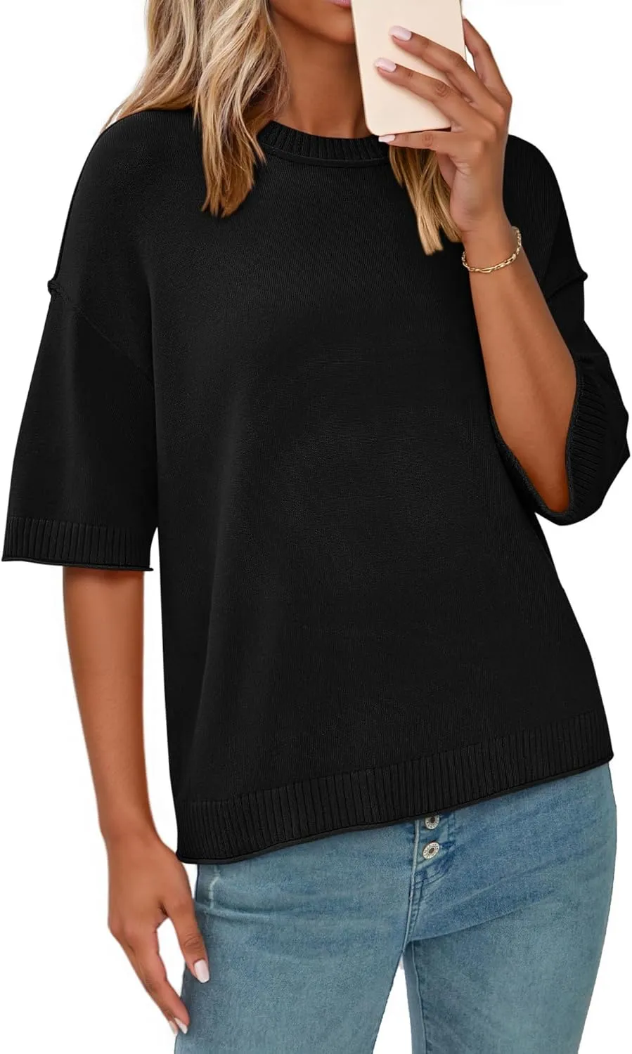 BTFBM Womens Short Sleeve Tops 2025 Summer Casual Crew Neck Oversized Sweater Solid Color Ribbed Knit T Shirts