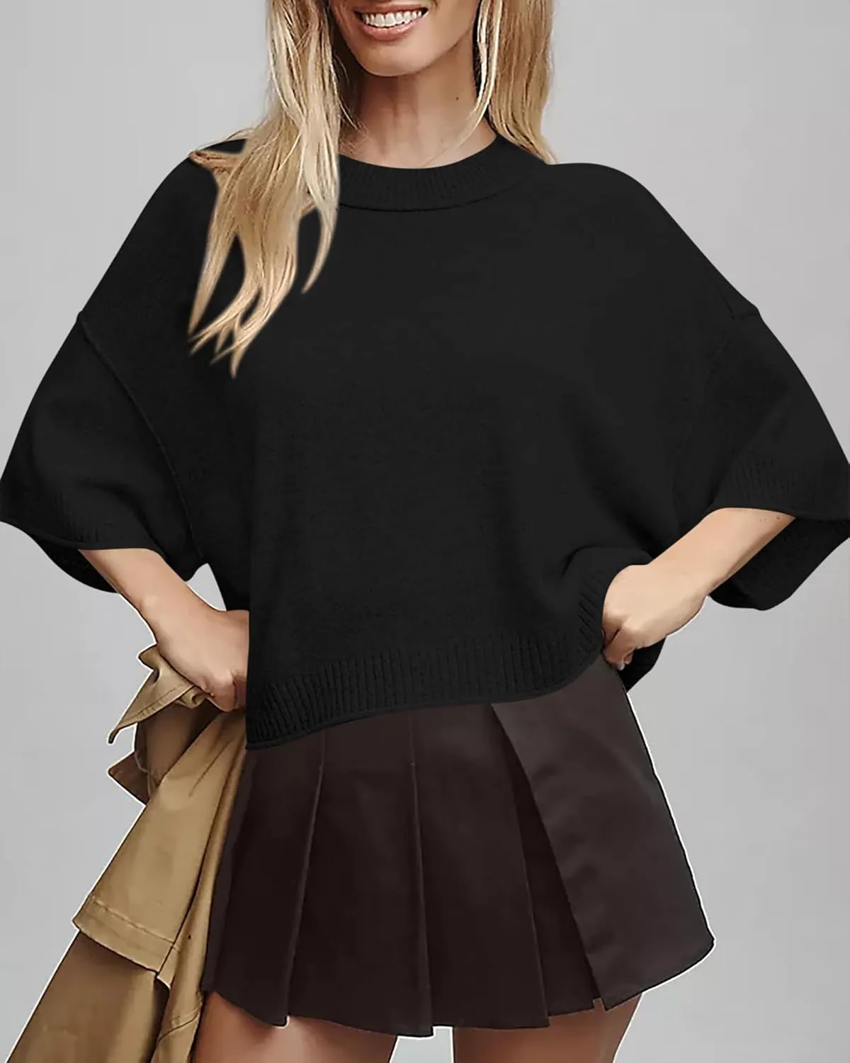 BTFBM Womens Short Sleeve Tops 2025 Summer Casual Crew Neck Oversized Sweater Solid Color Ribbed Knit T Shirts