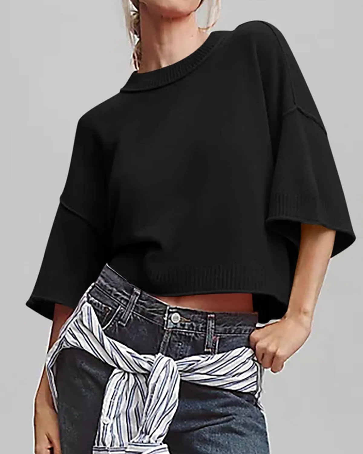 BTFBM Womens Short Sleeve Tops 2025 Summer Casual Crew Neck Oversized Sweater Solid Color Ribbed Knit T Shirts