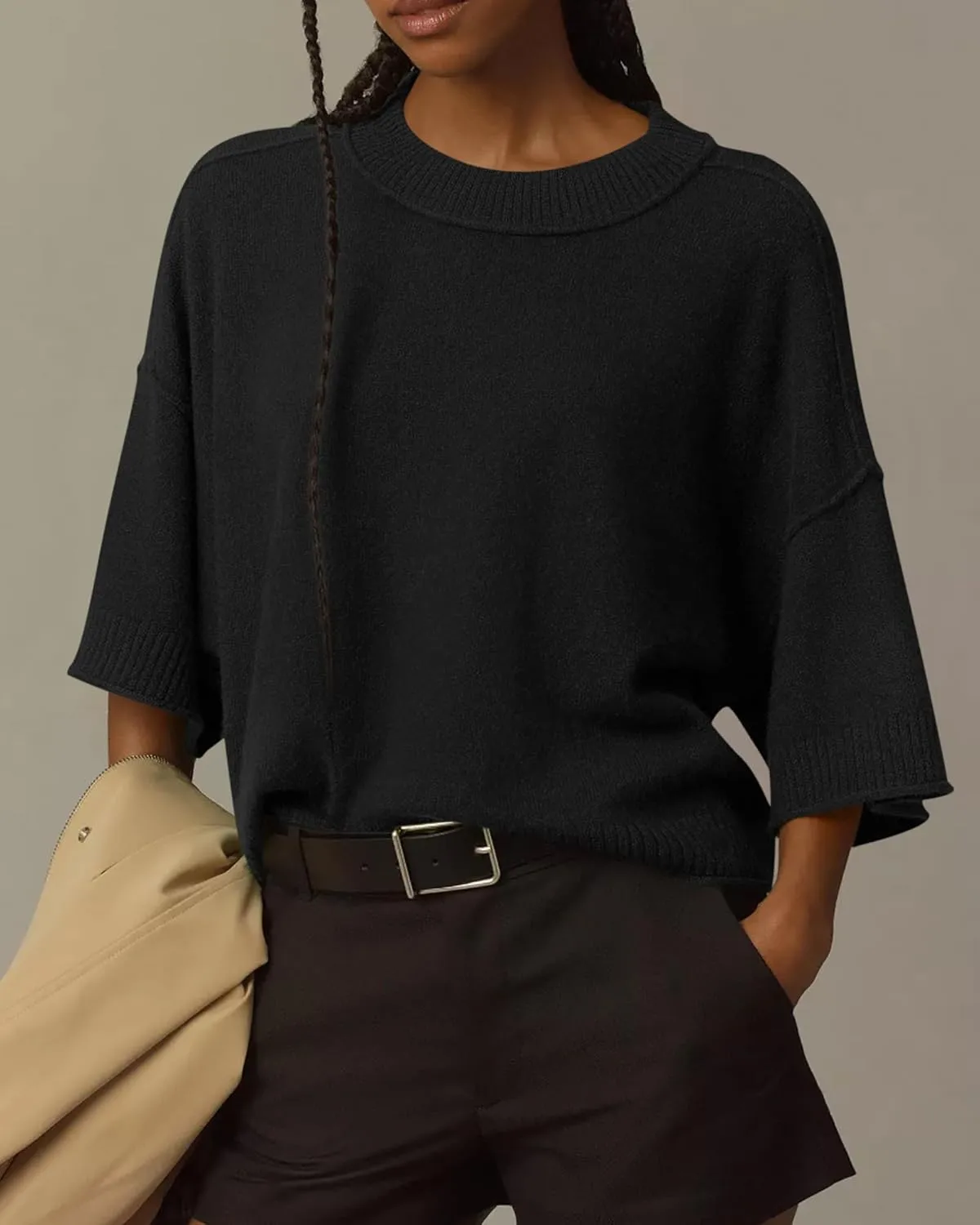BTFBM Womens Short Sleeve Tops 2025 Summer Casual Crew Neck Oversized Sweater Solid Color Ribbed Knit T Shirts